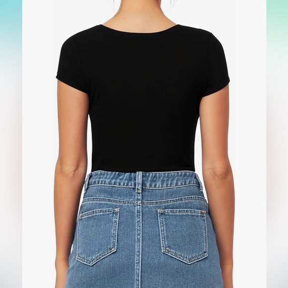 Women's Square Neck Bodysuit Short Sleeve Shirt Tops - Picture 3 of 6